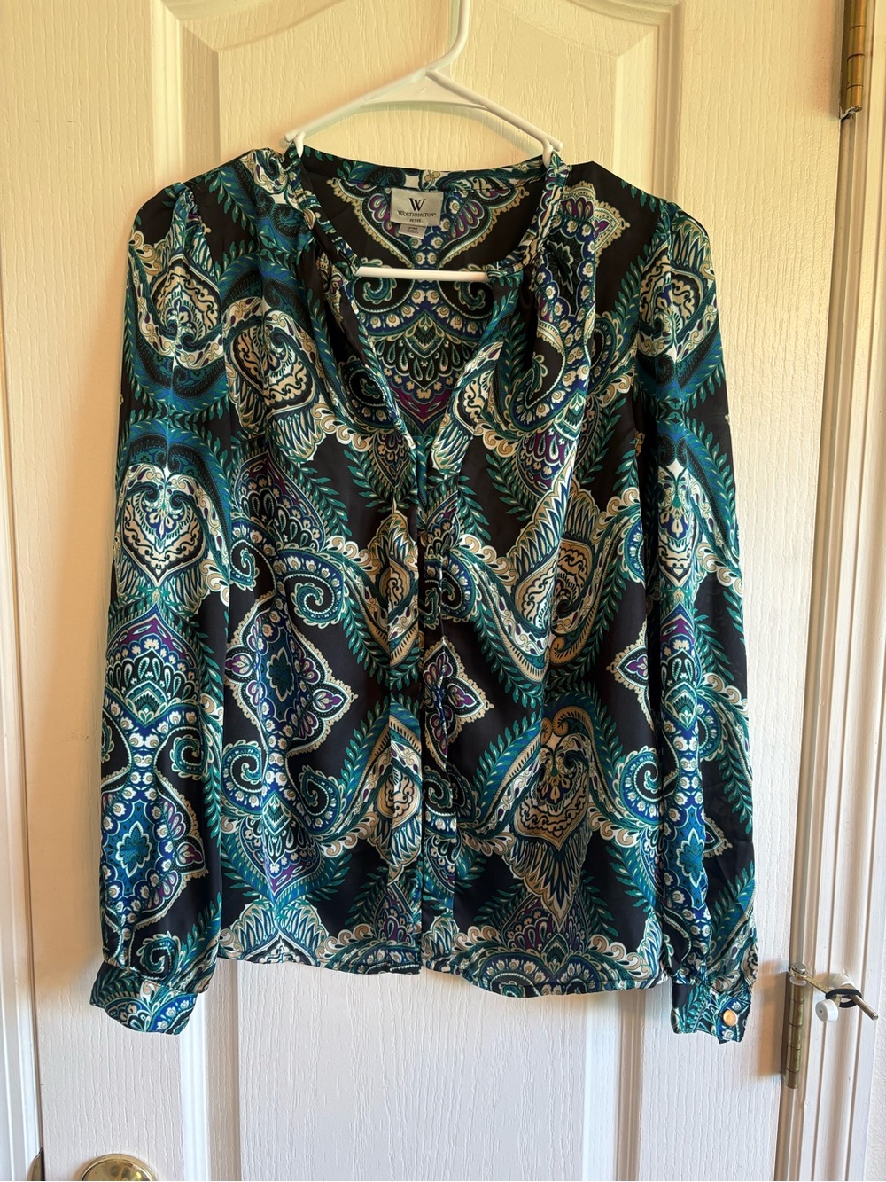 Worthington Teal, Black & Cream Paisley V-Neck Blouse